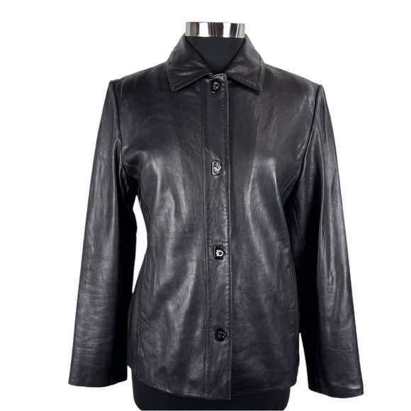 ANNE KLEIN Y2K 90S BLACK LAMBSKIN LEATHER CLASSIC CASUAL RELAXED FIT JACKET - Picture 4 of 14